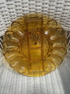 Vintage L.E. Smith Heritage pattern amber glass deviled egg plate and relish